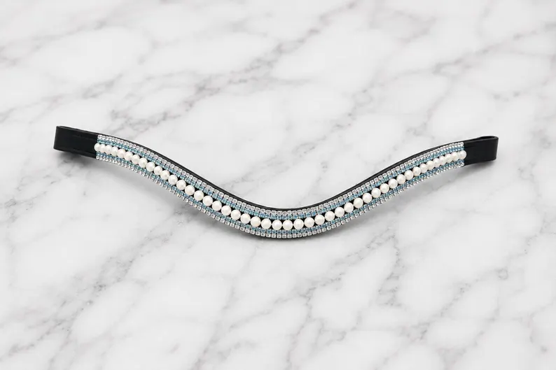 Handmade Pearl and Blue Crystal Horse Browband